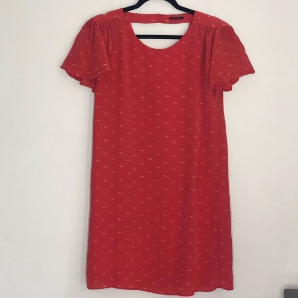 IKKS Coral Red Orange Bird Print Flutter Sleeve Mini Dress - Picture 5 of 10